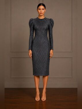 Sachin & Babi Amelie Metallic Knit Sweater Midi Dress Puff Sleeve Long Sleeve